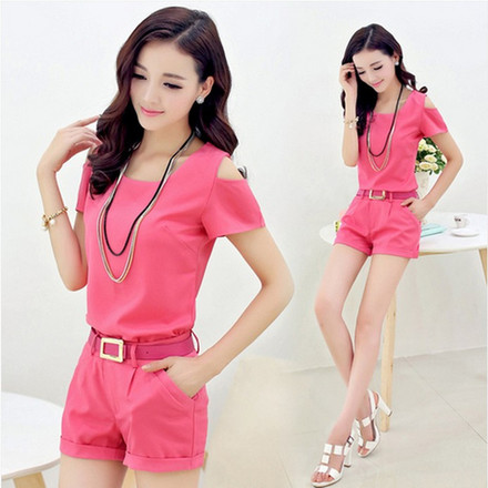 夏季韩范小香风雪纺连体衣服潮女时尚短袖漏肩 短裤子两件套套装