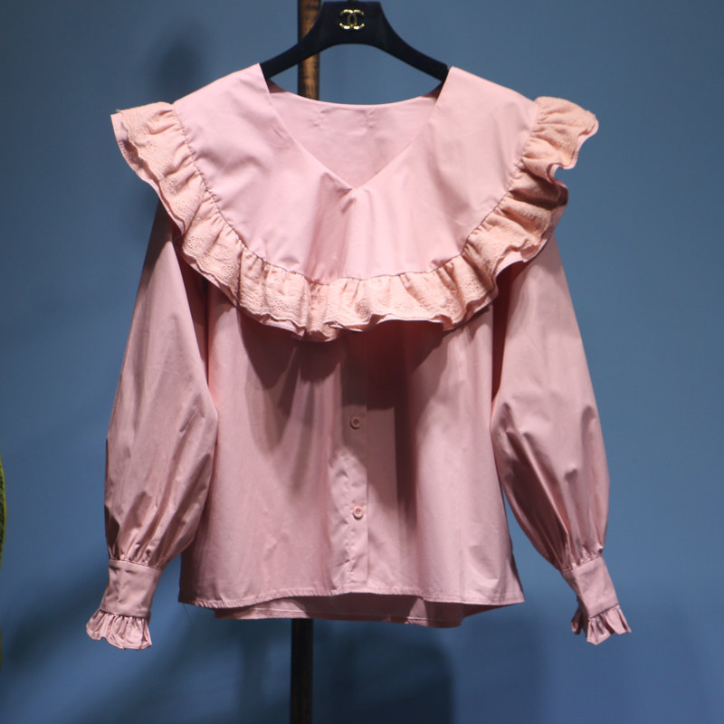 泡泡袖荷叶边_甜美v领拼接镂空木耳荷叶边娃娃衫 灯笼袖宽松泡泡袖