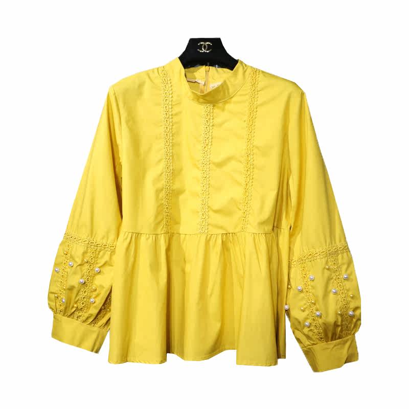 欧洲站秋冬荷叶边下摆拼接欧根纱钉珠花朵泡泡袖宽松娃娃衫上衣