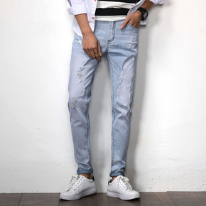 2018春夏新款破洞牛仔裤男薄款小脚修身弹力