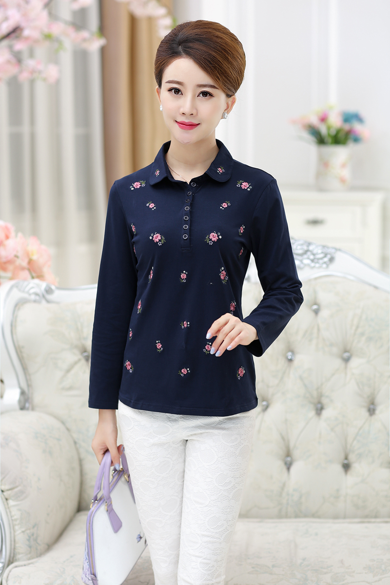 老年秋装全棉绣花翻领长袖t恤妈妈秋衣纯棉打底衫中年女装衬衫优惠券