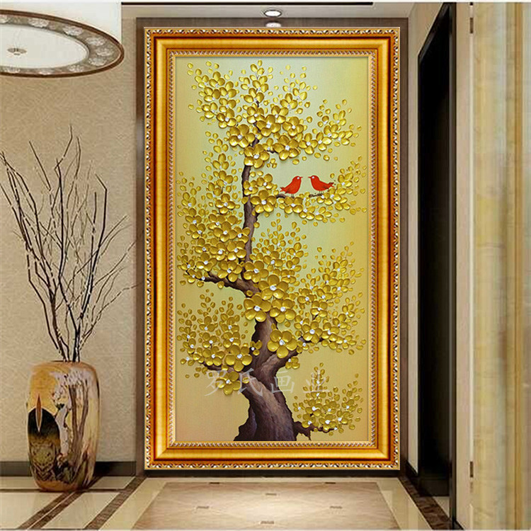 树竖版油画过道装饰画进门玄关立体壁画客厅纯手绘挂画金钱树优惠券