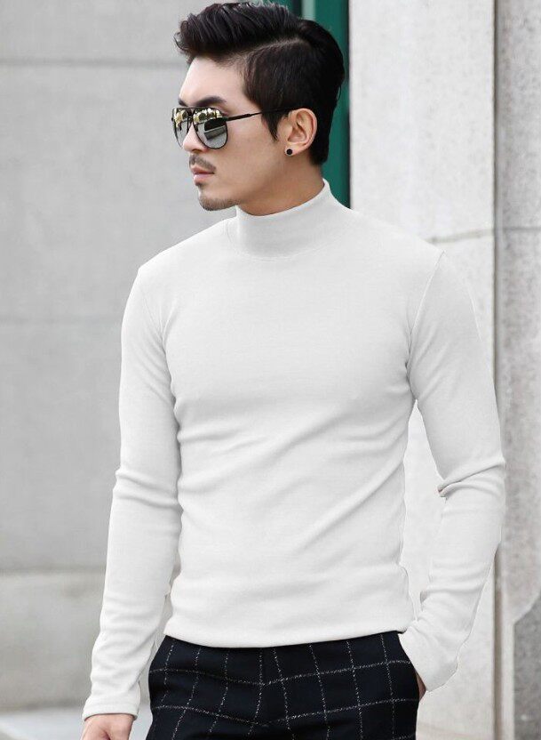男秋衣 长袖 纯棉加绒_新款纯棉高领打底衫 男士修身白色加绒加厚长袖