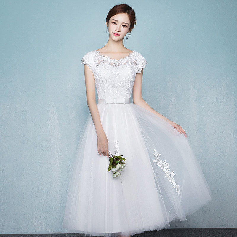 宴会晚礼服白色伴娘服中长款2018新款韩版