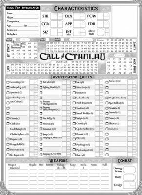 trpg盒子:克苏鲁的呼唤coc 6版/7版人物卡30张一套
