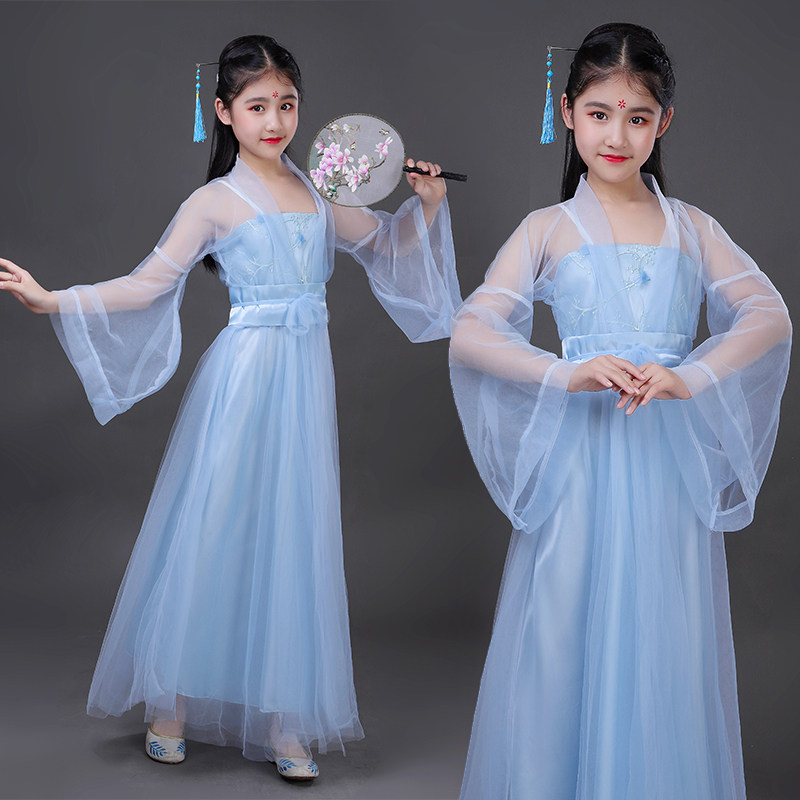 一折古装服装女仙女 清新淡雅_儿童古装服装cos仙女绣花汉服蓝色公主