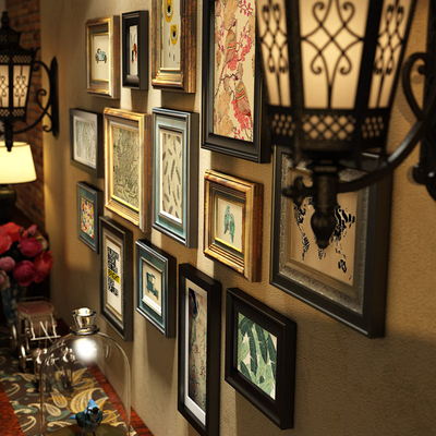 美式实木照片墙客厅餐厅相框墙欧式复古做旧挂墙玄关背景墙组合画