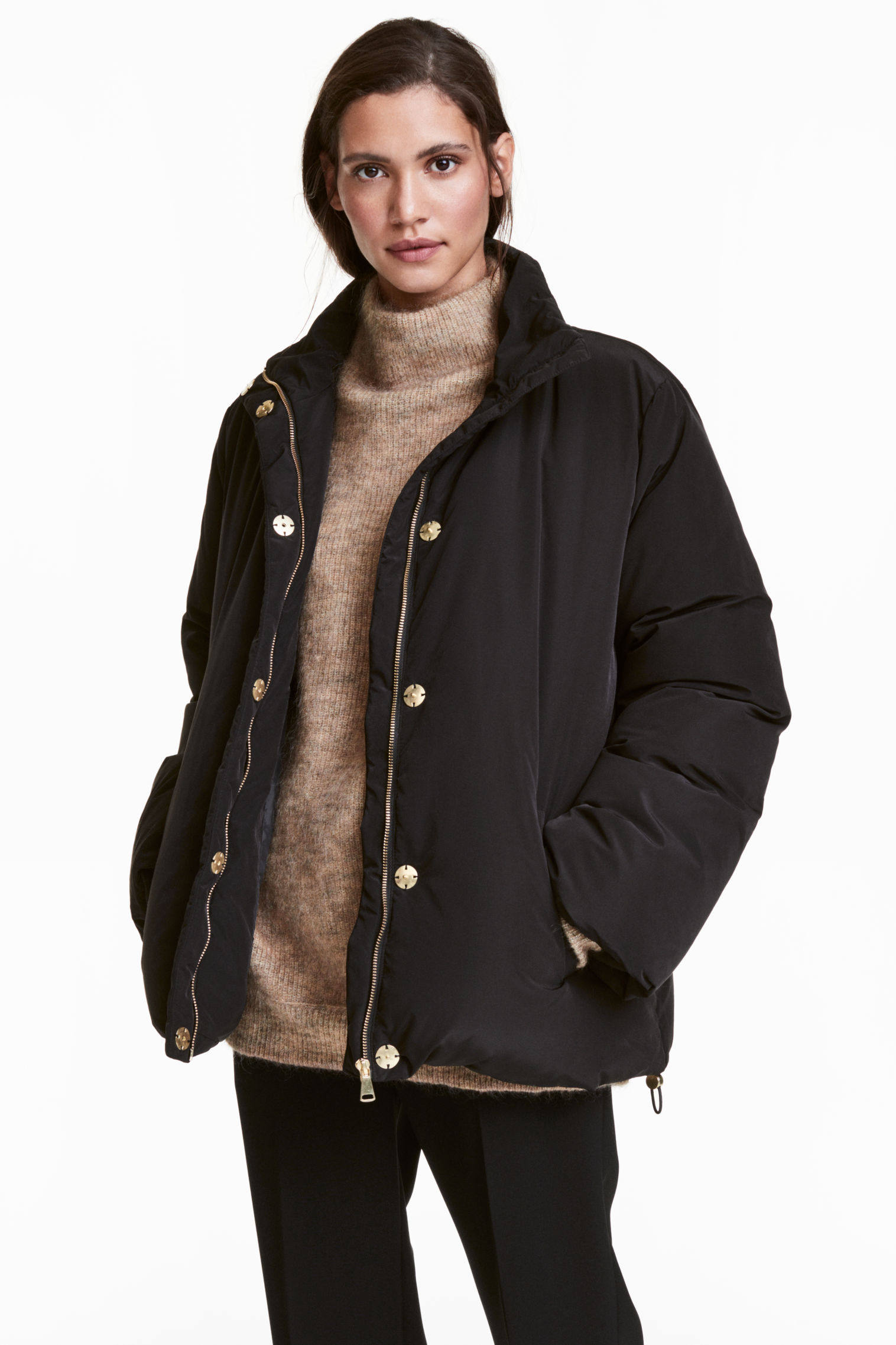 热销hm夹棉外套_hm h&m专柜正品女装 立领拉链抽绳保暖羽绒服夹棉外套