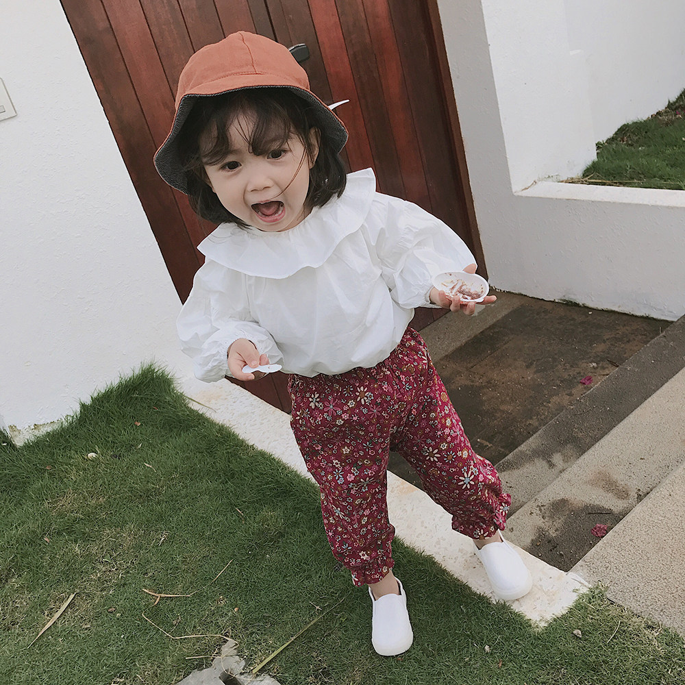 柒号童仓2018春装新款儿童花边领纯色娃娃衫女童灯笼袖女孩儿衬衣