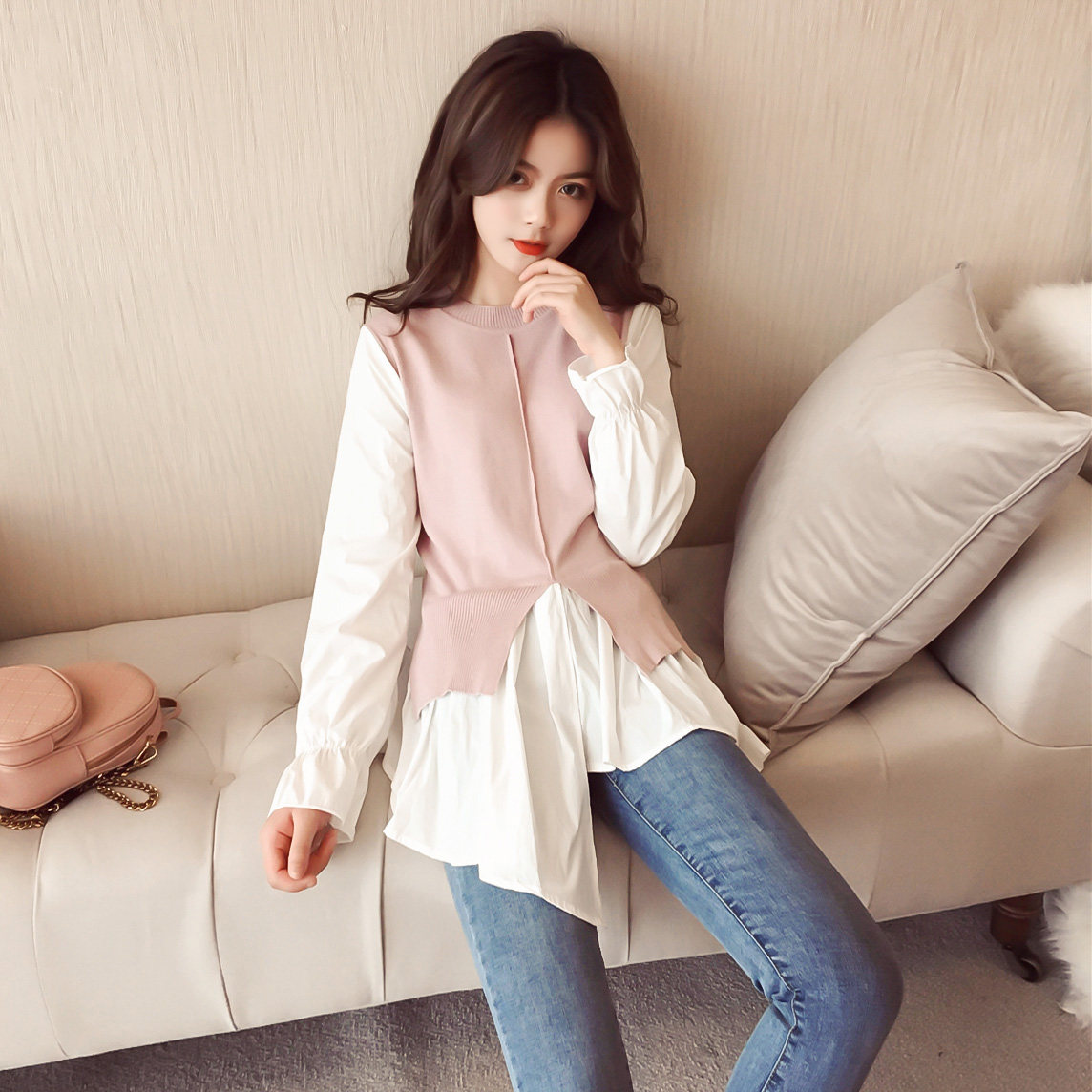 2018春季新款韩版圆领针织拼接长袖衬衫假两件套头上衣