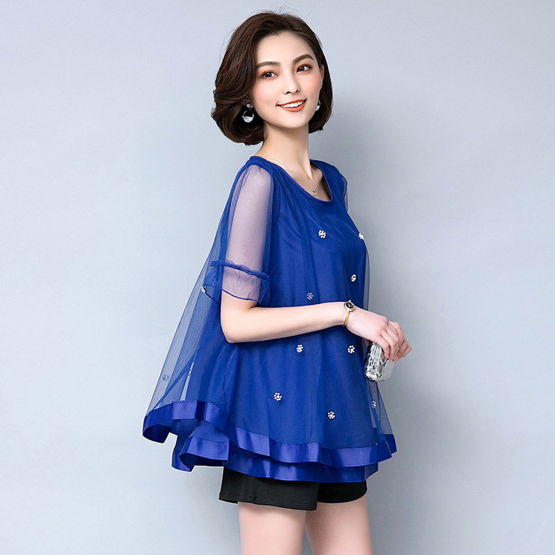 黑色网纱上衣 宽松_大码宽松宝蓝色上衣网纱雪纺衫宝石蓝披风宽松短款