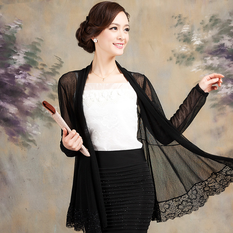 夏季中长款蕾丝网纱衣开衫防晒衣女韩版镂空披肩外搭薄款披风外套