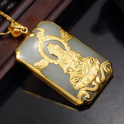 金镶玉观音男吊坠 999足金和田玉吊坠观音 赐福 黄金白玉 官运大