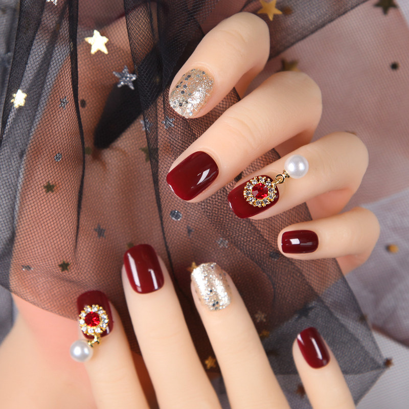 钻石甲片假指甲 成品_美甲贴可反复拆卸奢华新娘甲片成品拆卸带钻石酒