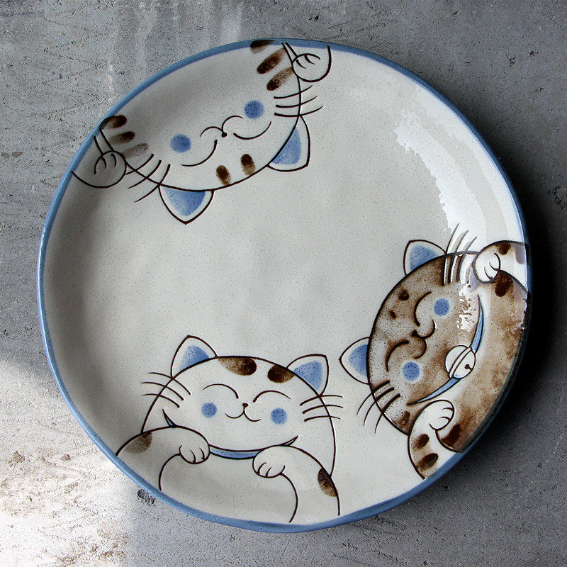 日本进口美浓烧陶瓷餐具肥猫盘子深盘菜盘釉下彩工艺可爱卡通美器