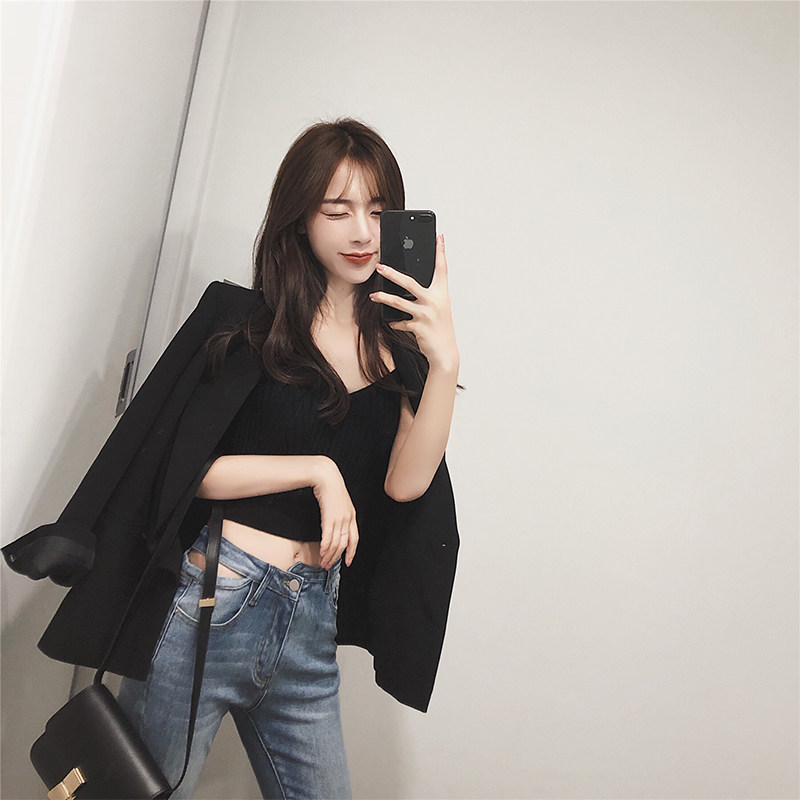 西装外套两件_珊珊2019春装新款时尚一粒扣休闲西装外套女抹胸连体裤