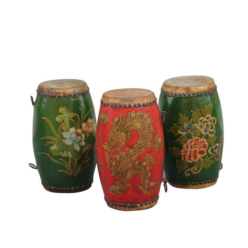 新中式古典做旧彩绘装饰小腰鼓松木实木牛皮小鼓大宅门极美家具