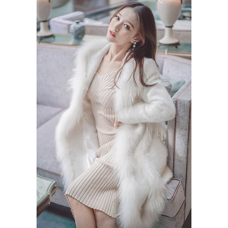 2017新款冬季女士皮草大衣名媛气质时尚中长款白貂皮毛一体大衣女