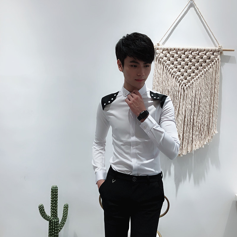 发型师衬衫 夜店装_长袖衬衫修身型男韩版寸衫个性少爷男模上班发型师