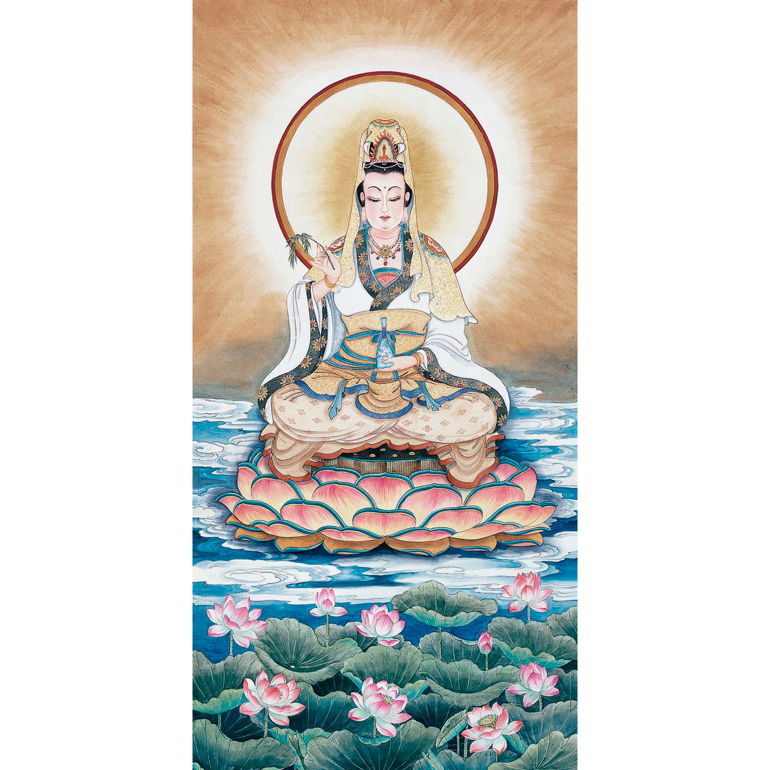 手绘真迹工笔佛像国画九品莲花观世音菩萨画像玄关书房佛堂装饰画