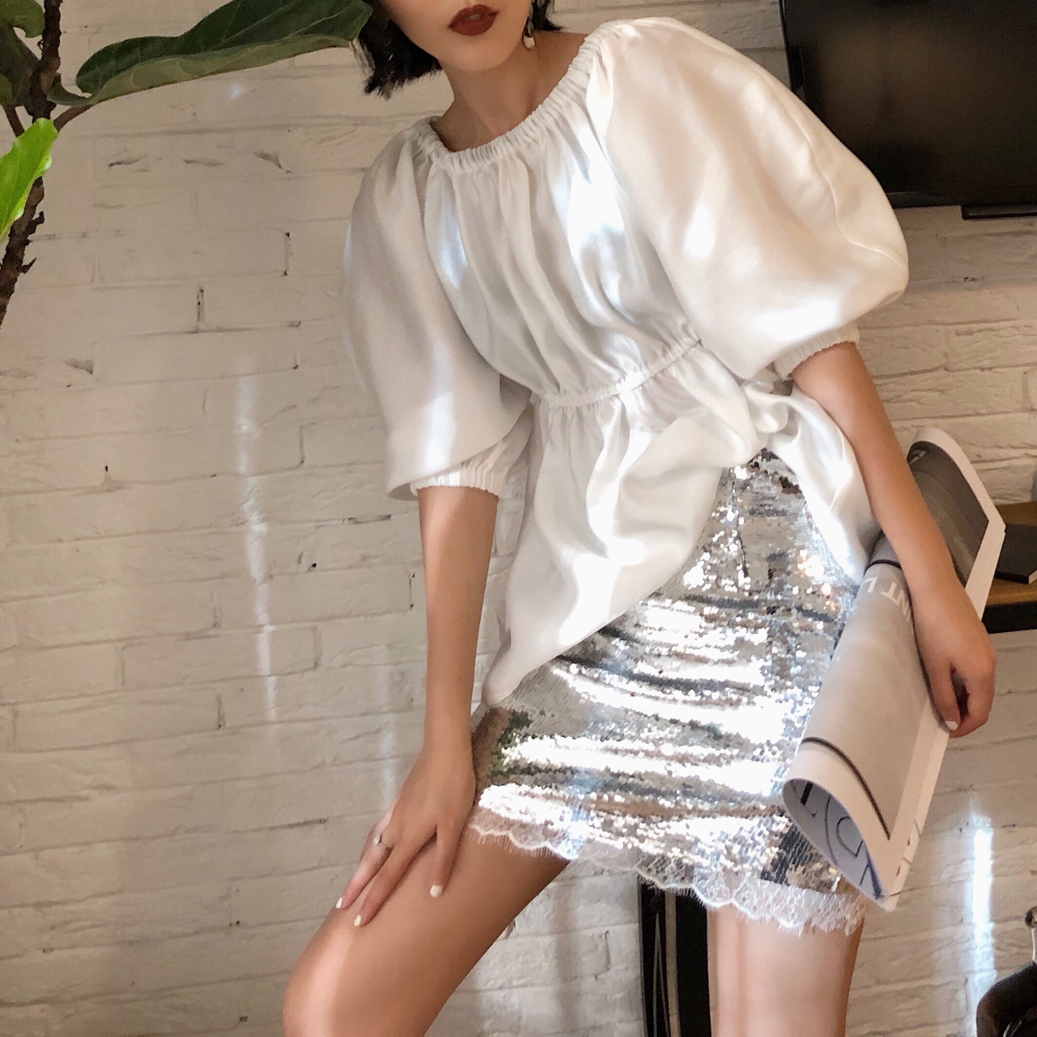 【pff定制】2018春夏欧美银色亮片短裙子 蕾丝边半裙