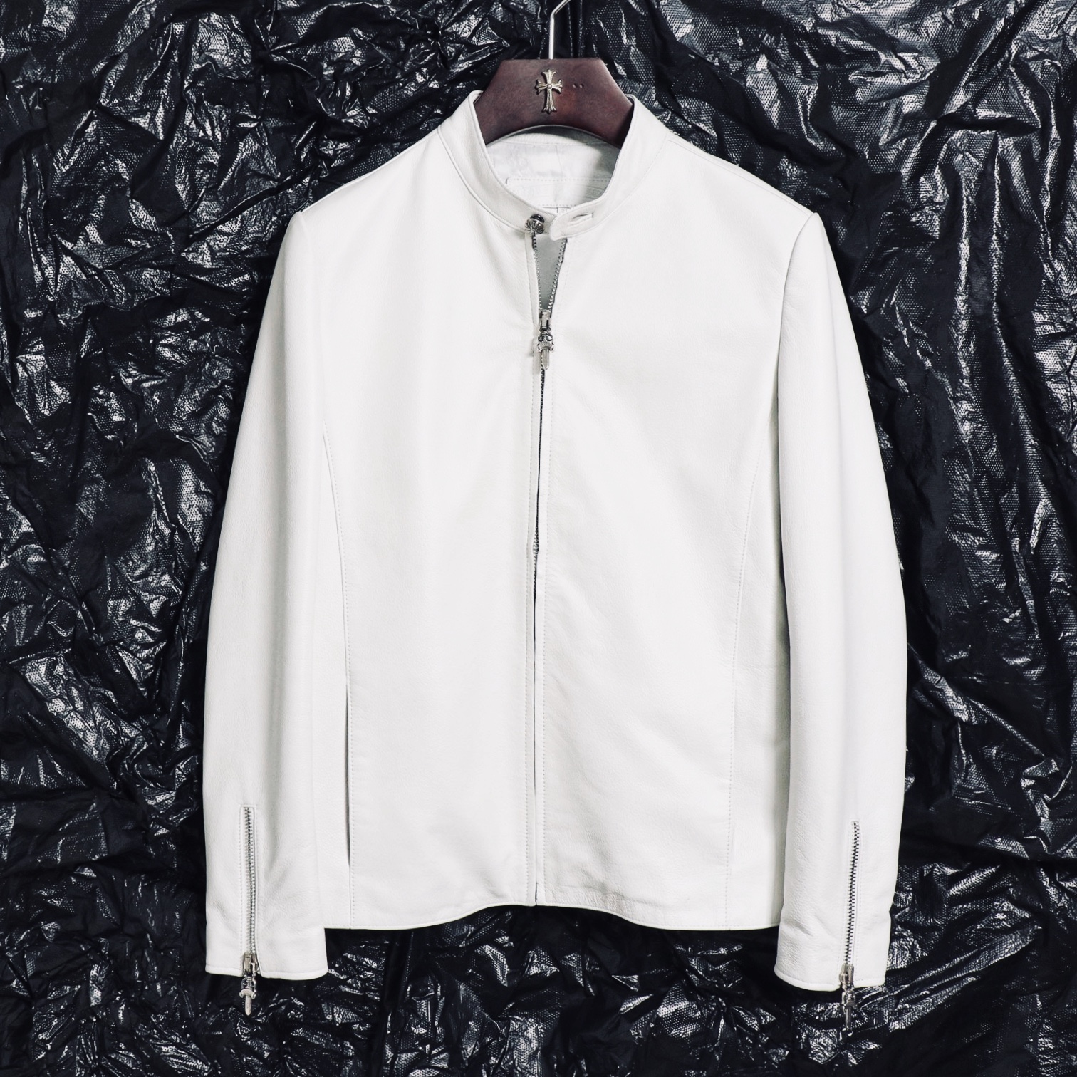 disdain进口白色胎牛皮 925银 立领夹克式潮男皮衣优惠券