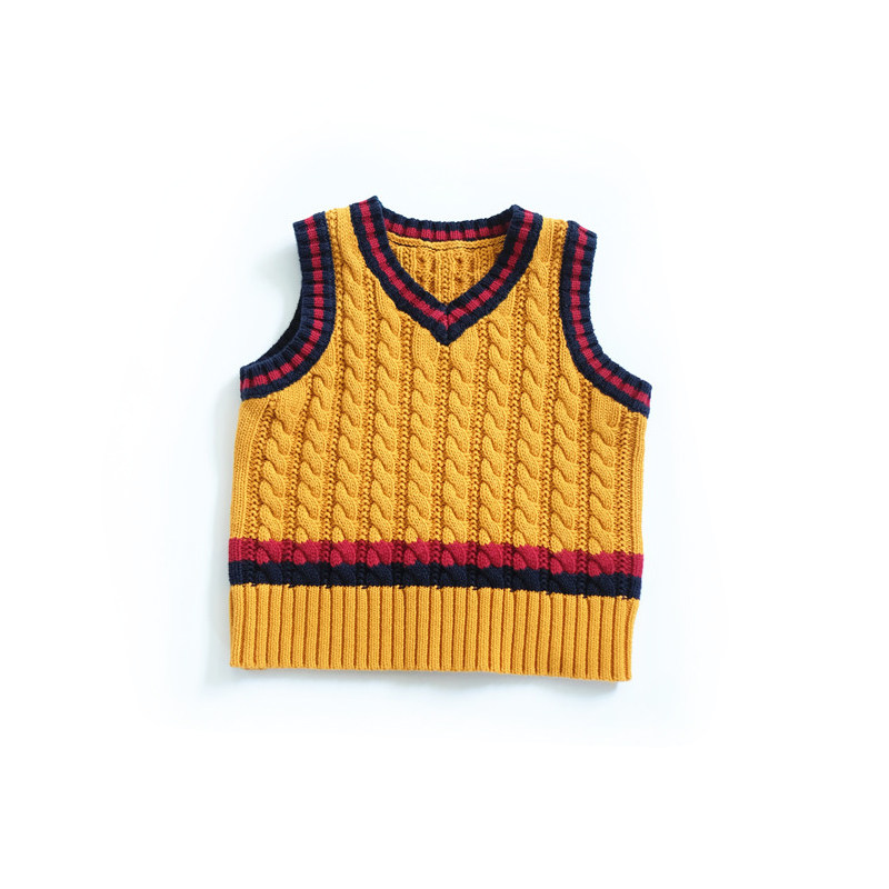 bbw潼家儿童秋季v领拼色针织小马甲男女宝宝无袖背心毛衣0821