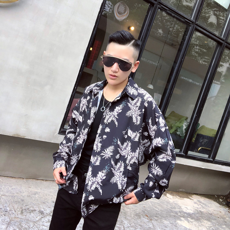 热销蝙蝠衫男长袖 宽松_韩老板hlb 帅炸2018潮男花衬衫长袖蝙蝠袖宽松