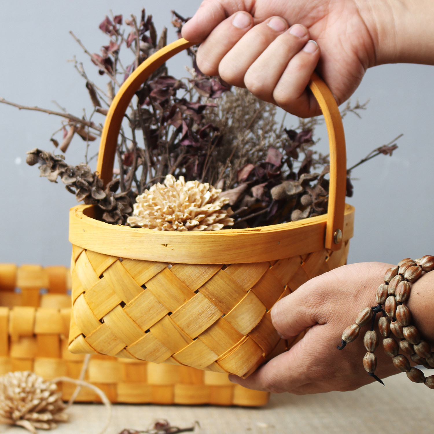 日式田园风原木片双提木筐木篮子野餐置物筐