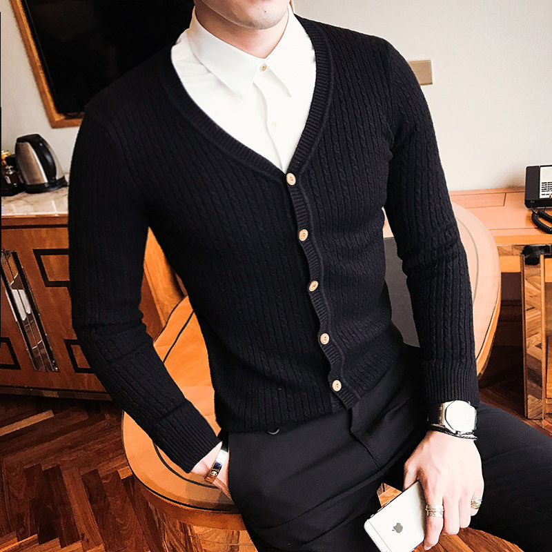 2017年韩版男青年修身针织衫男士纯色毛衣开衫英伦时尚v领男毛衣