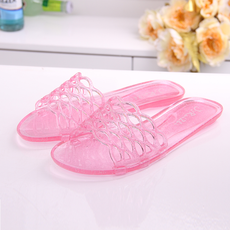 夏季水晶休闲凉鞋女塑料沙滩镂空透明平底舒适拖鞋防滑浴室居家拖