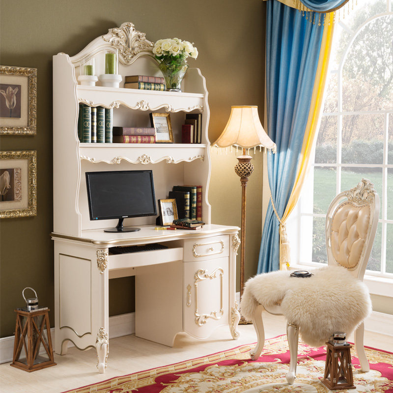 亿菲堡 欧式家用电脑桌实木书桌书架组合奢华白色公主直角学习桌
