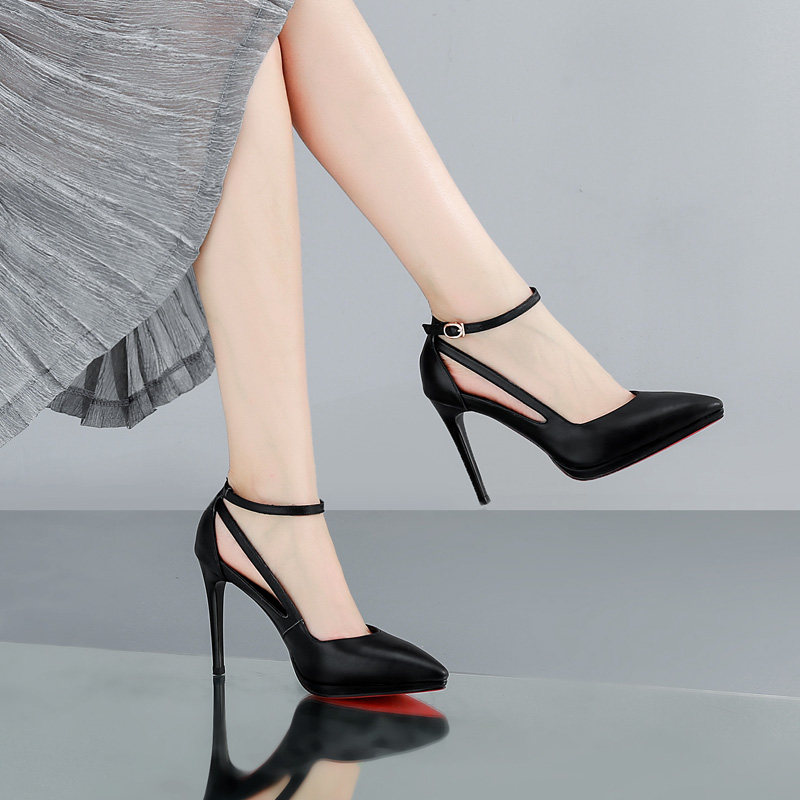 踮脚 防水台高跟鞋女秋2017新款 百搭真皮超高跟一字带单鞋四季穿