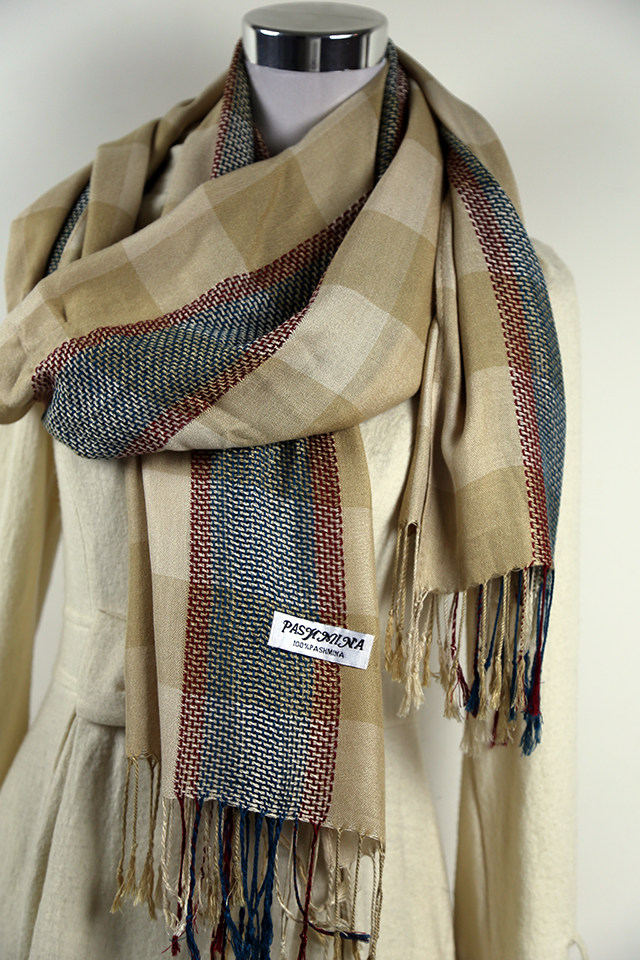二手/古着正品现货pashmina纯羊绒咖色格子大披肩/围巾柔软细腻