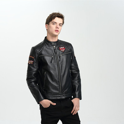 皮衣男真皮哈雷机车短款皮夹克修身立领复古刺绣头层牛皮机车服