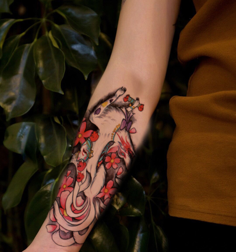 纹身贴男 花臂_集纹轩黑暗系九尾狐狸纹身贴ins防水男女持久花臂日式