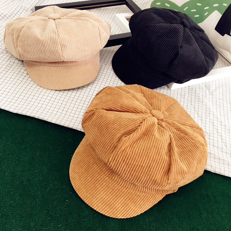 文艺复古韩国灯芯绒八角帽子男女春秋报童帽简约画家帽韩版贝雷帽