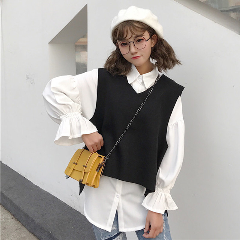 一折马甲加衬衫两件套_秋季女2018新款学院风 衬衫加背心衬衣配马甲