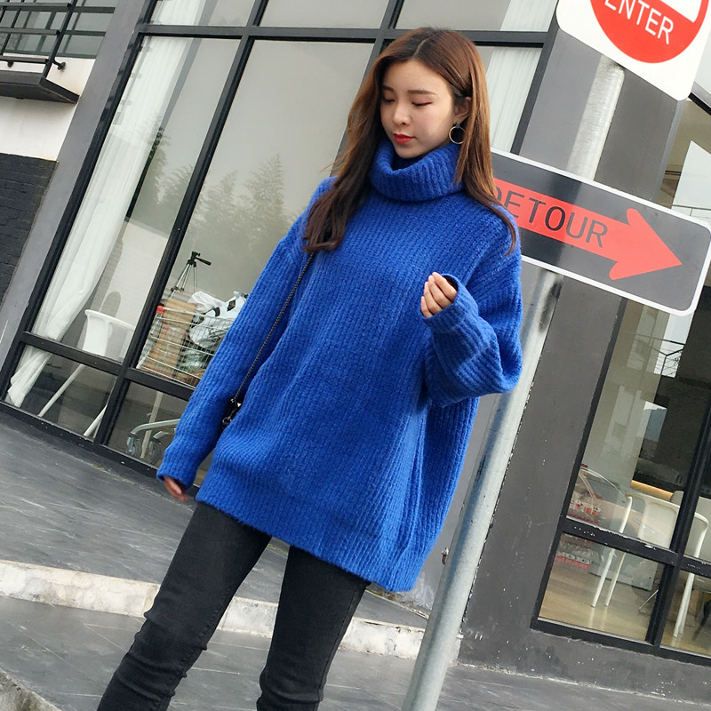 宝蓝色高领毛衣春秋2017新款套头女宽松加厚冬