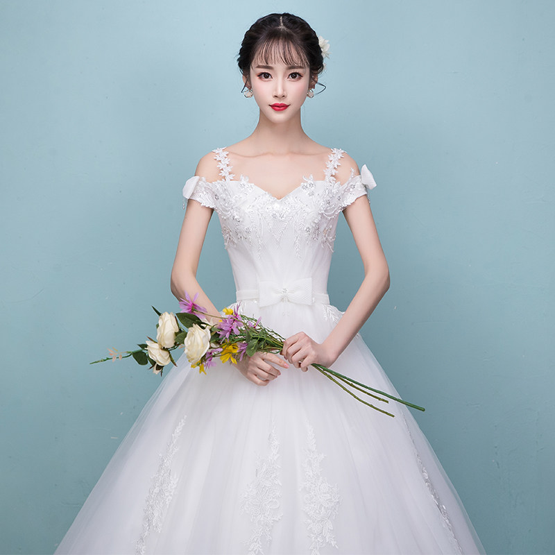 婚纱礼服2018新款一字肩v领韩式新娘显瘦结婚森系吊带秋冬婚纱优惠券