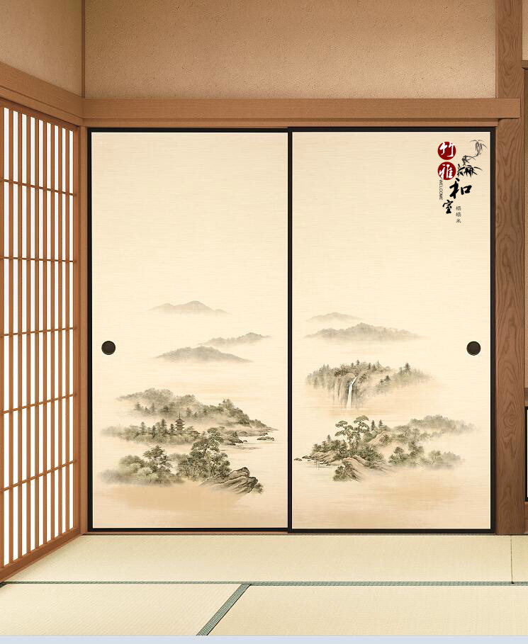 竹雅和室榻榻米福司玛纸福斯玛彩绘柜门纸山水画日式进口推拉门纸