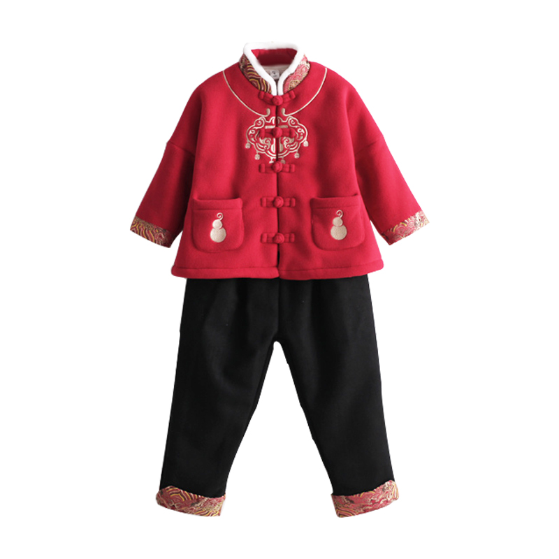 拜年服男童17冬季童装宝宝复古刺绣加绒加厚