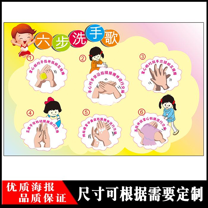 洗手流程图贴纸 儿童正确洗手步骤图 六步洗手法 卡通洗手贴图