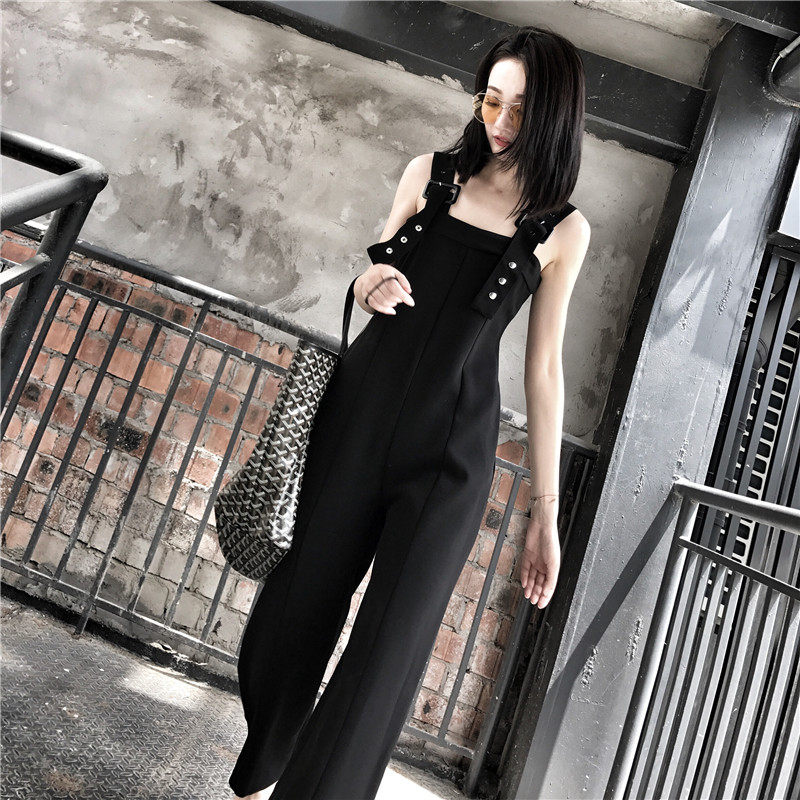 夏季新品女装宽松高腰显瘦吊带黑色背带连体裤
