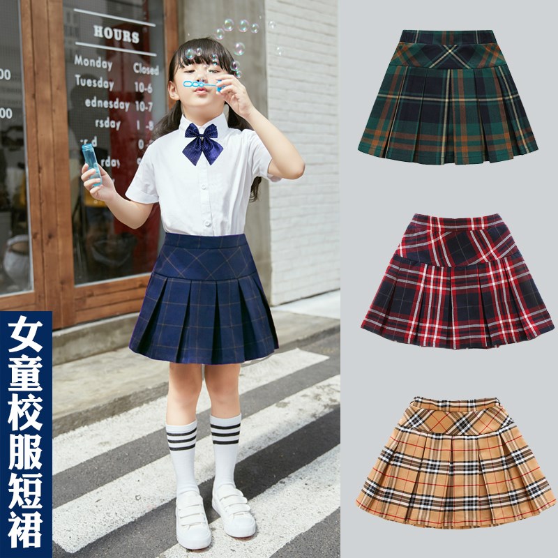 女童格子短裙 英伦_女童春秋格子百褶半身短裙套装儿童小学生英伦校服