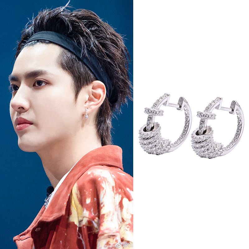 一折男士耳钉时尚_kris吴亦凡中国新说唱同款镶钻五环耳钉潮流嘻哈