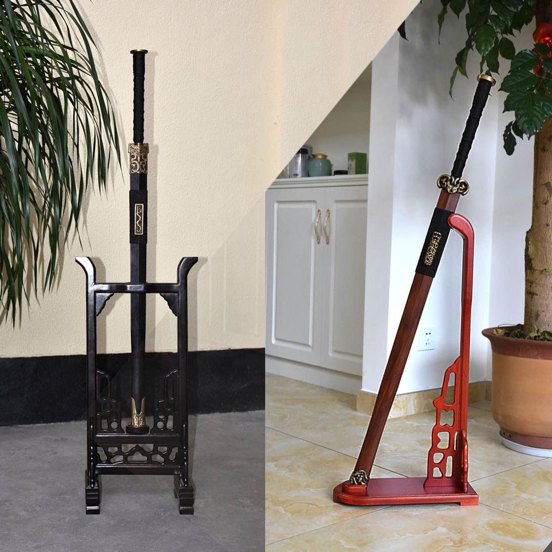 热销刀架子宝剑_龙泉镇宅宝剑架子实木花梨木红木落地刀剑架冷兵器