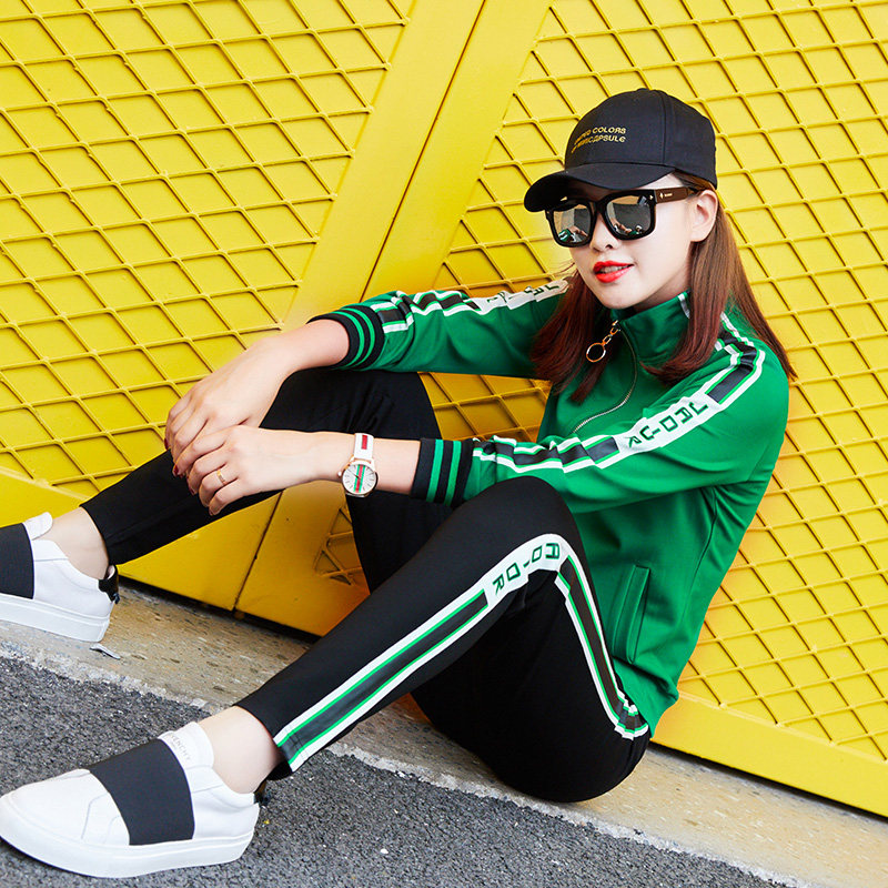 休闲运动套装女2017春秋新款韩版潮字母开衫卫衣两件套跑步运动服
