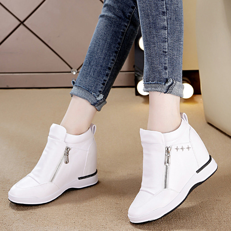 欧洲站白色高帮运动鞋内增高加绒单鞋秋冬百搭坡跟厚底休闲女鞋子