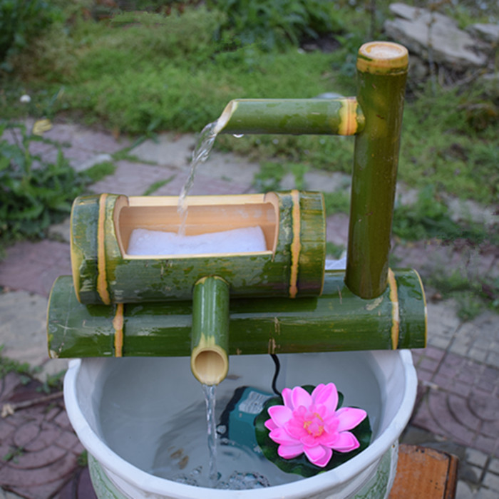 竹子流水摆件石槽鱼缸鱼池自制增氧过滤器流水器创意水车 竹筒排